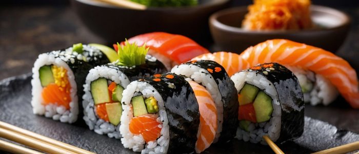 chopsticks-with-delicious-sushi-roll